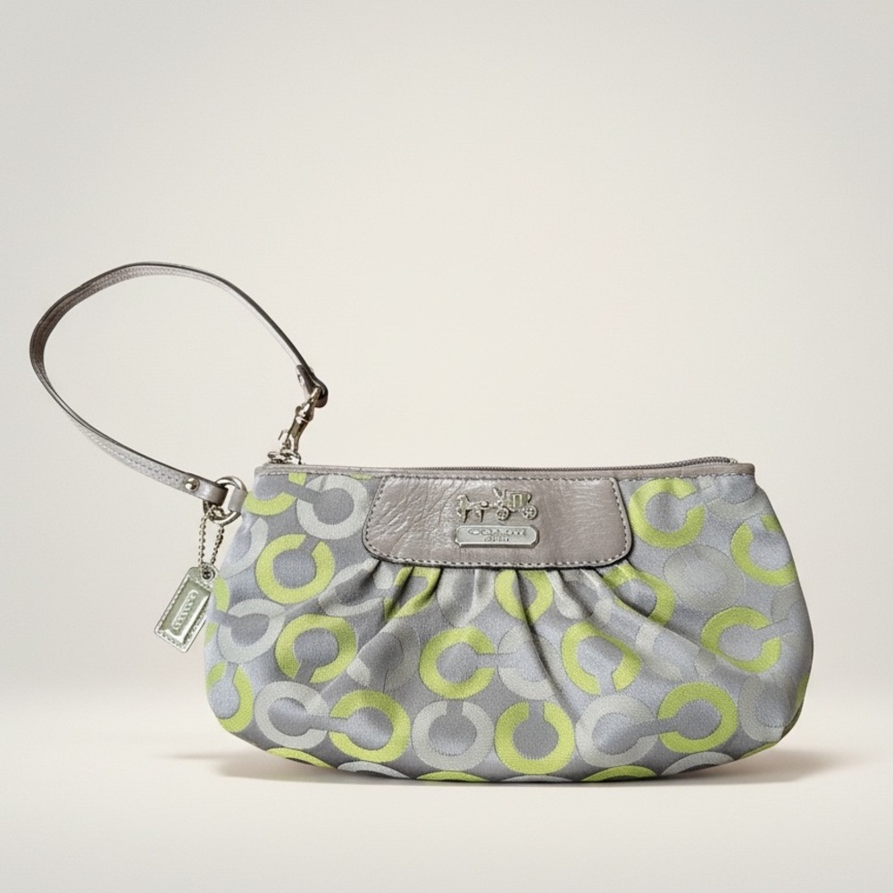Coach Madison Graphite Green Op Art Signature Sateen LARGE Wristlet